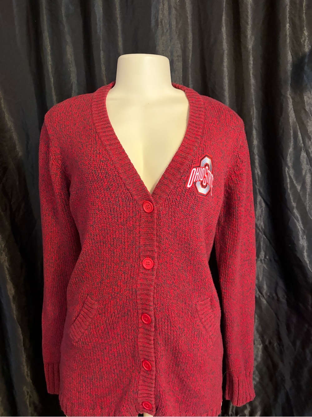 Red V-Neck Ohio State Button Cardigan with Chest Patch